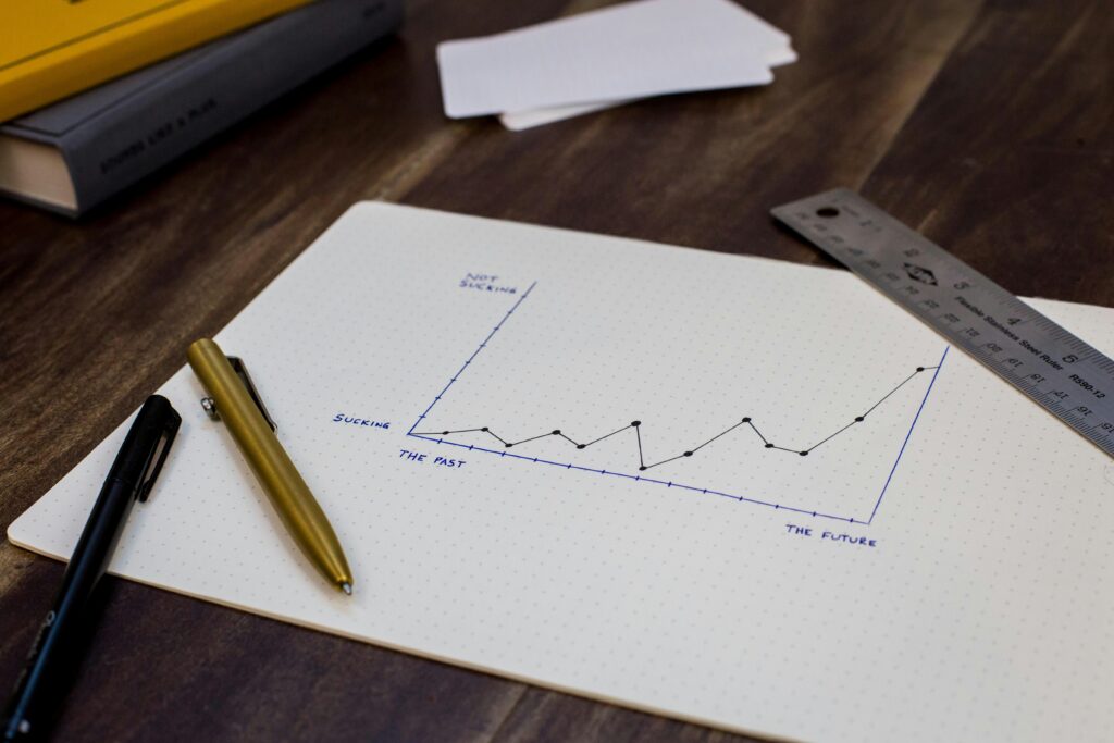 Printed graph on paper with pen and ruler representing business metrics