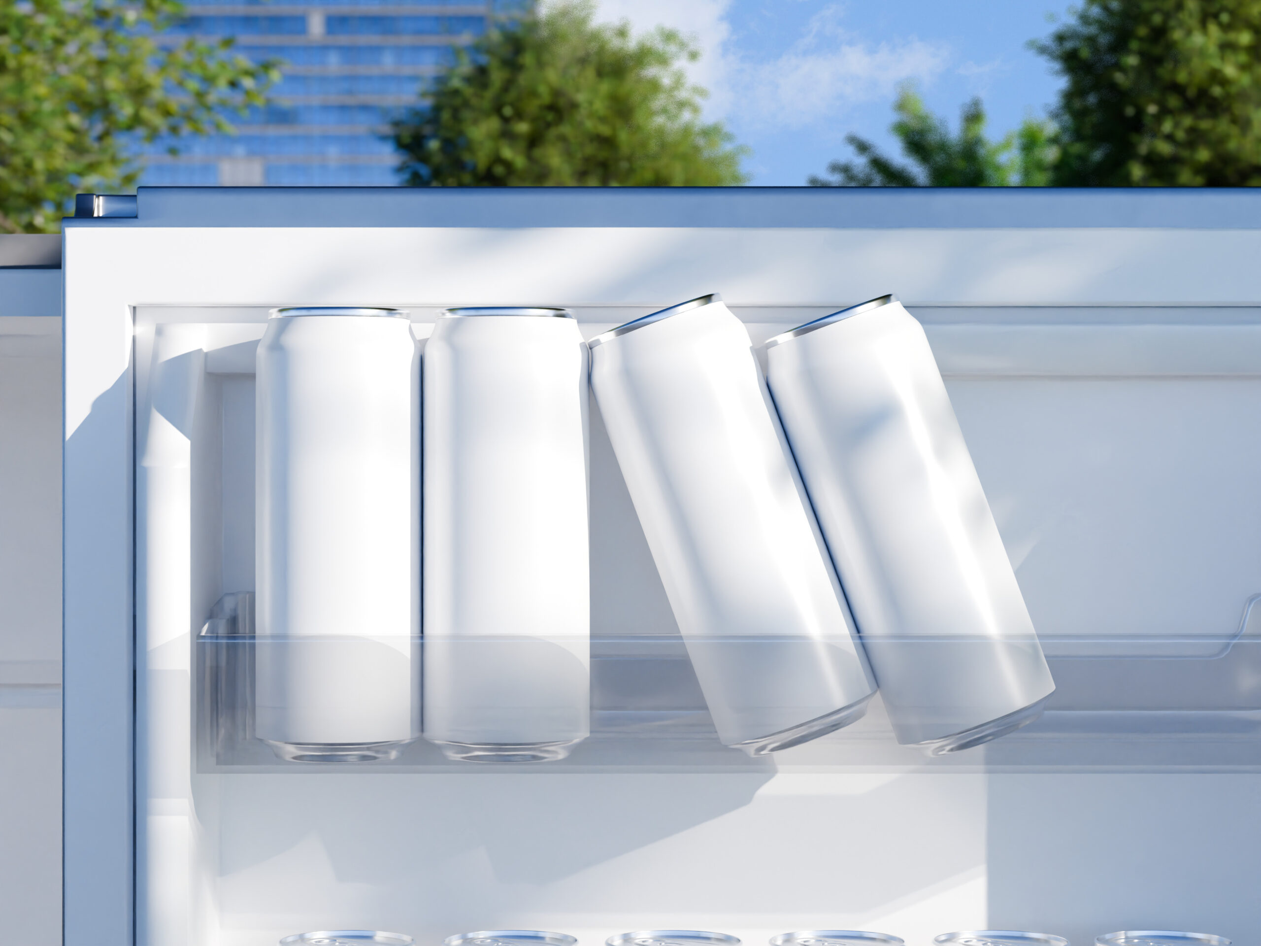 Unbranded ready-to-drink cans in a refrigerator representing RTD shelf presence, packaging context, and channel-fit review